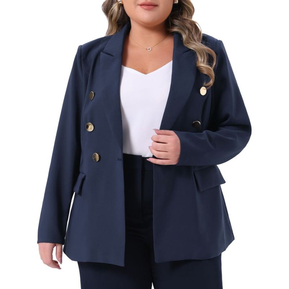 Plus Size Double Breasted Office Work Jackets Blazer Navy Blue